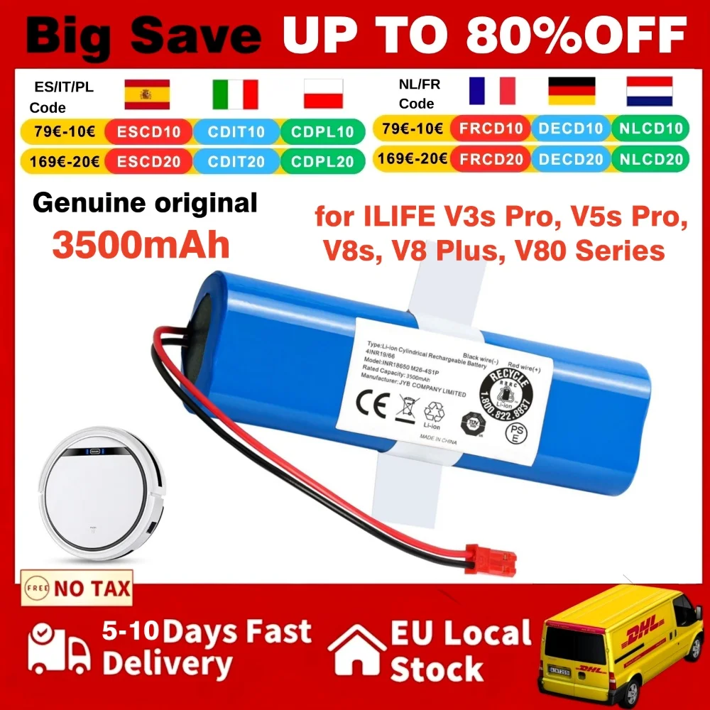 High Capacity Original Li-Ion Battery Pack for ILIFE V3s Pro,V5s Pro,V8s,V8 Plus,V80,S5 Pro X750 Series - 3500mAh 14.4V PX-B010