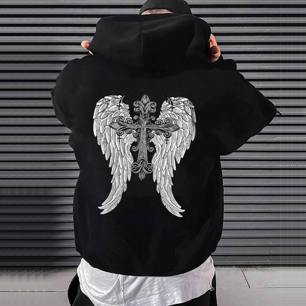 thumbnail image 1 of Sudadera con capucha con estampado de alas blancas para hombre y mujer, Jersey informal de forro polar, sudadera con bolsillo cálido, ropa deportiva gótica de gran tamaño, ropa de calle, 1 of 4
