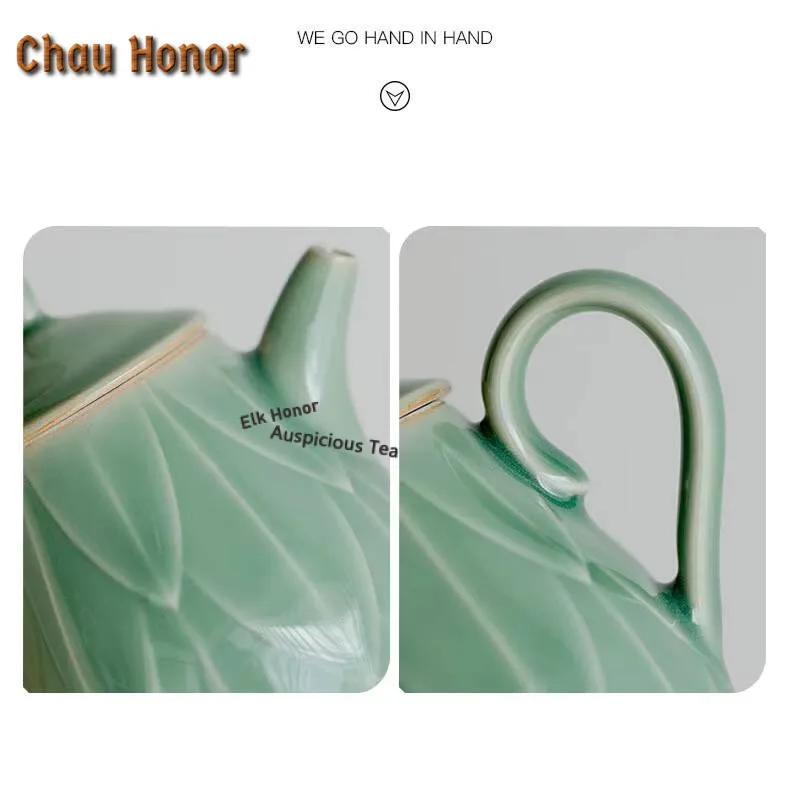 Boutique Yue Kiln Celadon Teapot Camping Tea Cup Set Creative Relief Lotus Seat Ceramic Tea Maker Kettle 1 Pot 1 Cup Gift Box