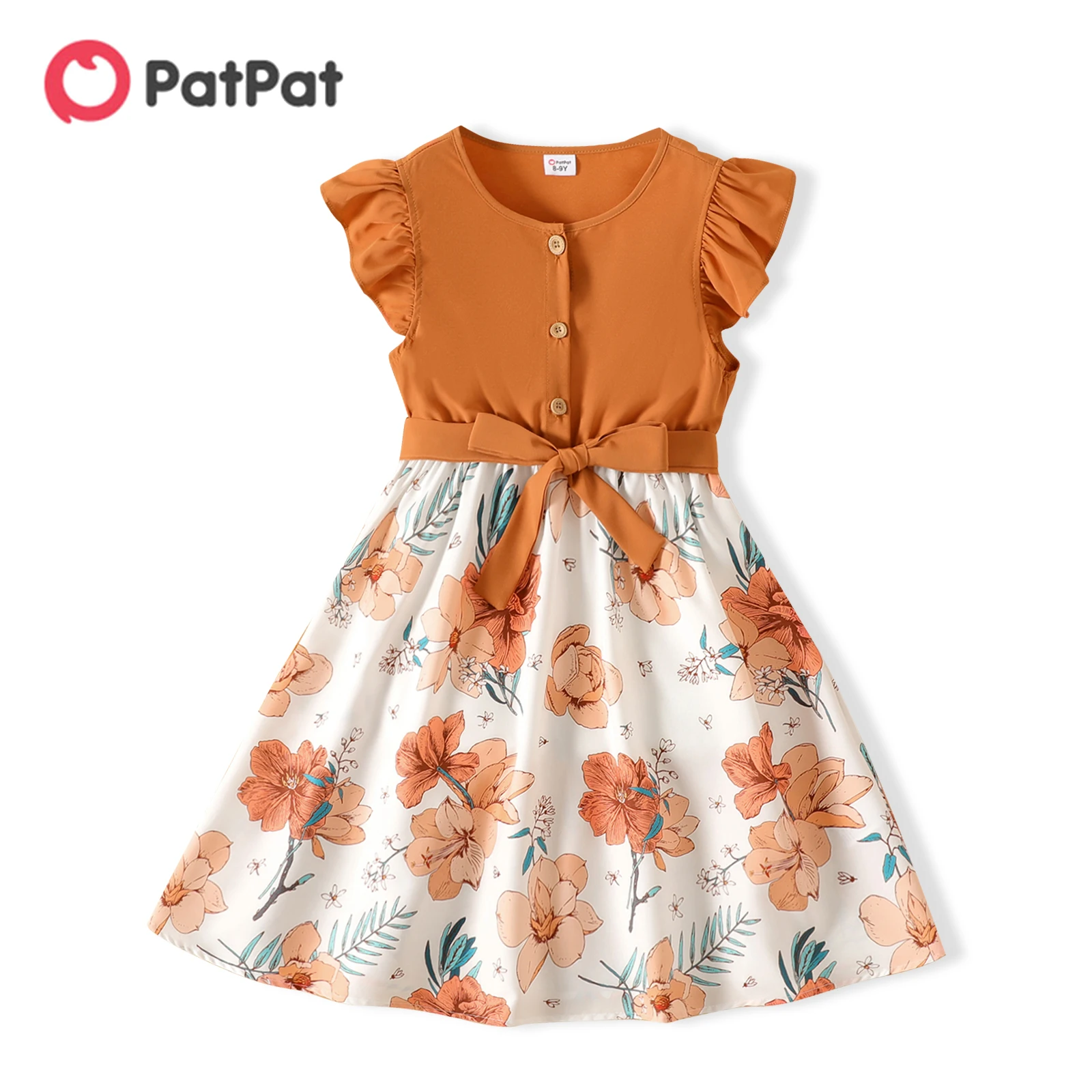 PatPat Girl Kids Dress Girl Dresses for Very Elegant Party Ruffled Floral Print Splice Belted