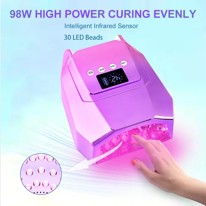 98W Professional Twin Light Durable Cordless Pro Mirror-finish Interior Low Heat Model Rechargeable Gel Dryer UV LED Nail Lamp 3