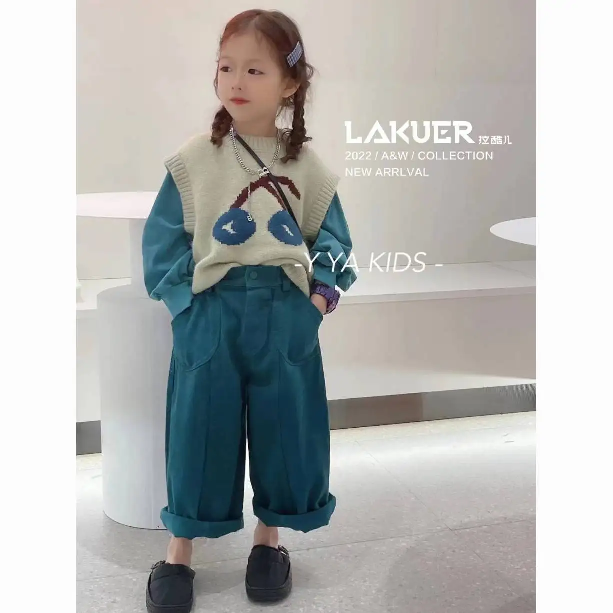

Three Pieces Autumn Baby Girls Clothes Sleeveless Beige Cherry Print Vests Blue Letter Print Shirts Loose Straight Pants