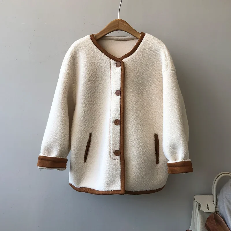 French Lamb Wool Color Matching Coat Women's Winter Korea Simple Casual Basic Long Sleeve Chic Loose Double Faced Fur Coat Lady
