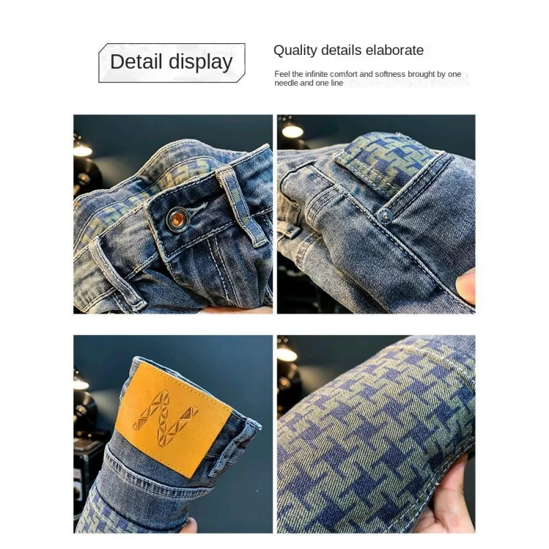 2024 new jeans MEN'S trendy inner full print casual straight leg fashion slim fit high end light luxury washed street denim pant