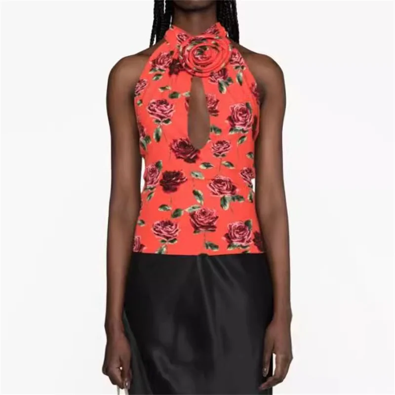 

Woman clothing 2023 Summer New Korean Fashion 3D Rose Hollow Out Slimming Vest Hanging Neck Sleeveless Sexy Open Back Top y2k