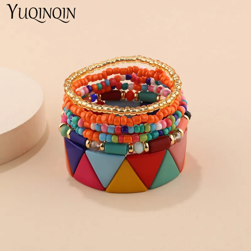 Beaded bracelet acrylic bohemian set for women men multi-layer seed beads chain bangles charm jewelry