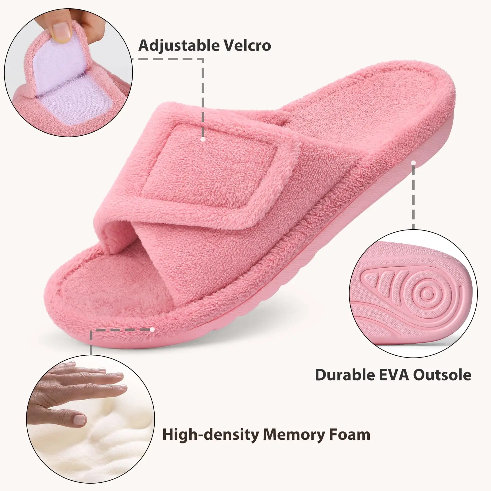 Comwarm Winter Women's Fur Fuzzy Slippers Adjustable Open Toe Furry Slide With Arch Support Four Seasons Cozy Fluffy House Shoes