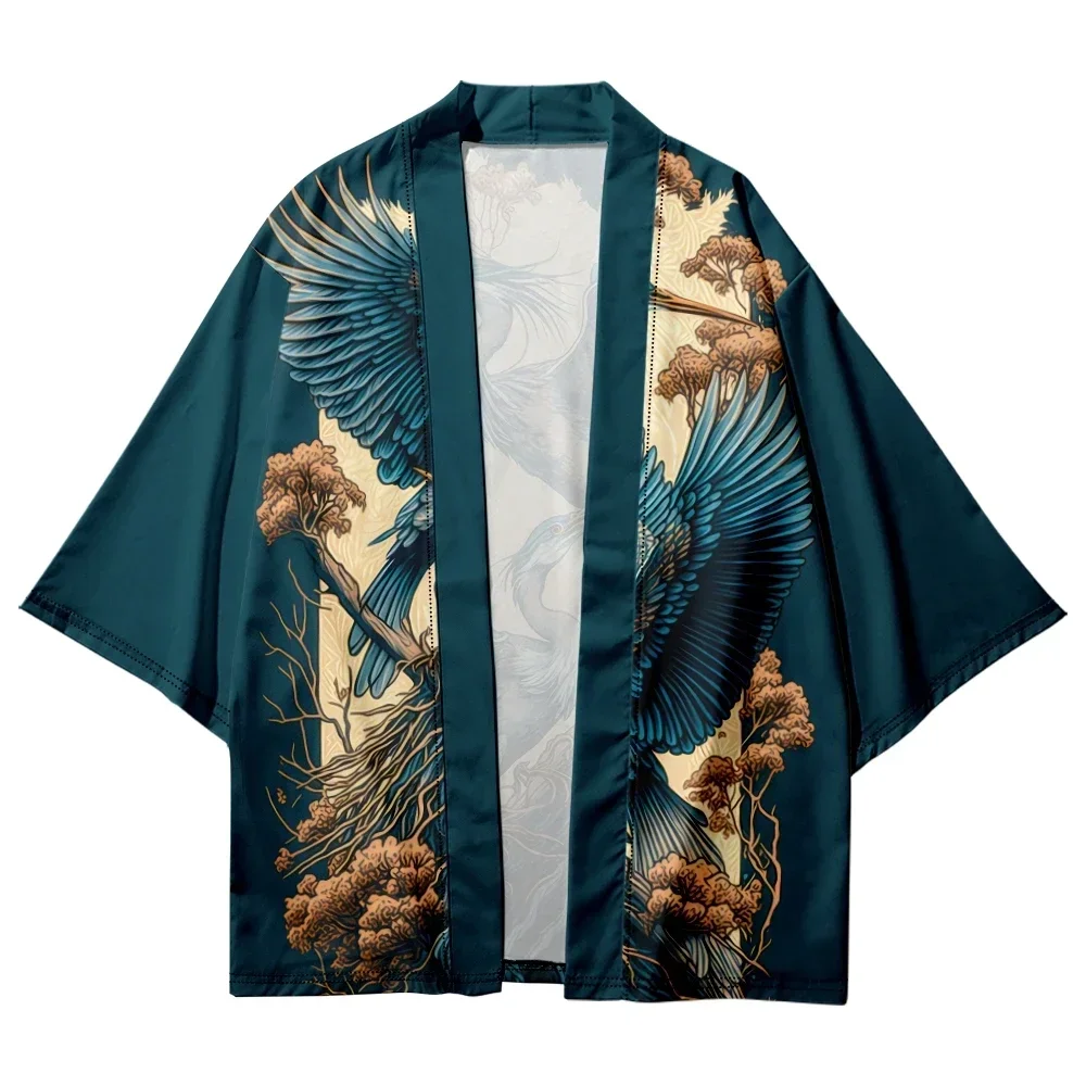 Japanese Crane Pattern Casual Kimono Summer Beach Haori Cardigan Yukata Tops Retro Samurai Harajuku Oversized Men's Clothing