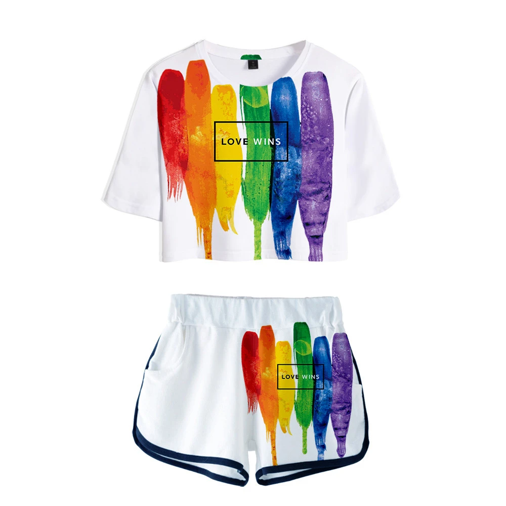 Trajes de Cosplay de moda LGBT mujer, conjunto de dos piezas en 3D, pantalones cortos y camiseta, ropa de calle con bandera de arco iris, chándal para lesbianas y de