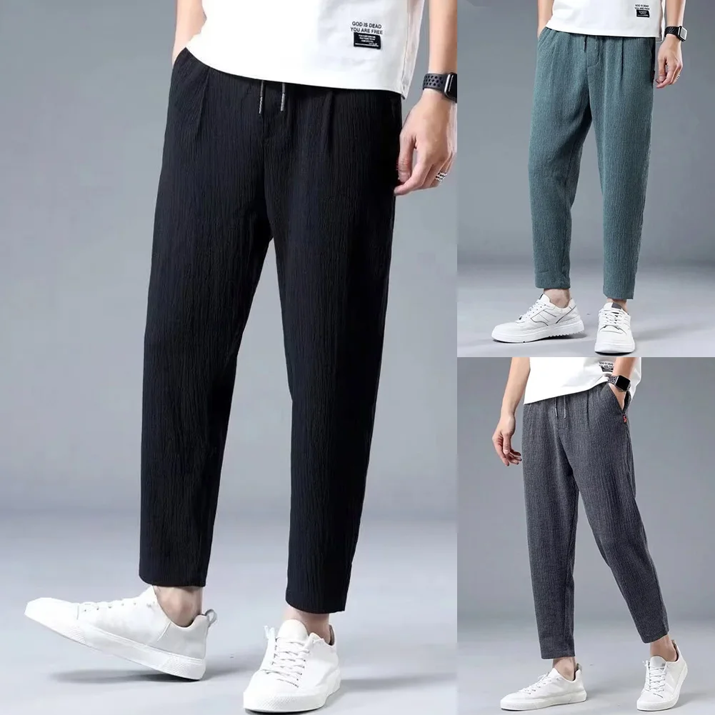 

Summer Thin Elastic Casual Pants Men Solid Pleated Ice Silk Strap High Waist Drawstring Pocket Loose Straight Trousers