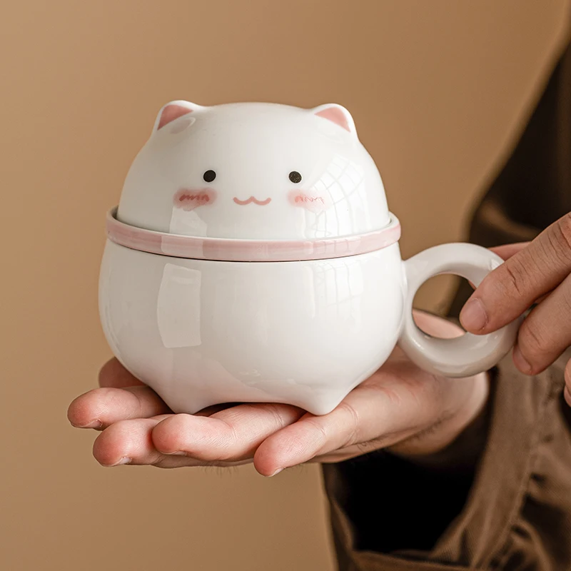Chinese Style Cartoon Ceramic Rabbit / Panda Shaped Mug Home Office Cute Teacup With Cover, Separated Tea Cup for Tea 128ml, 1Pc