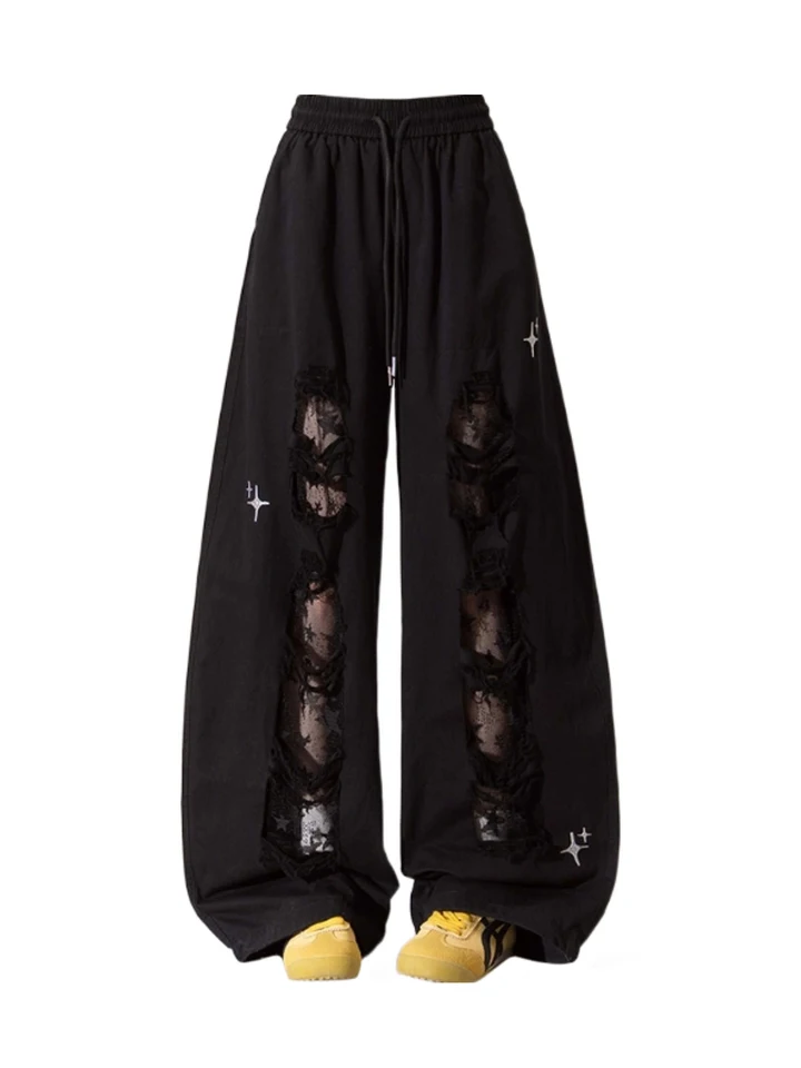 Women Black Goth Y2k Emo Ripped Long Pants Baggy Harajuku Lace