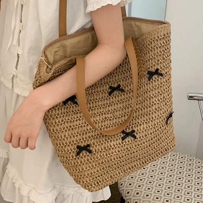 Women Top-Handle Bags Straw Black Bowknot Shoulder Bag Summer Beach Straw Bucket Bag Woven Tote Purse Casual Travel Handbags