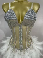 Sparkly Rhinestones Feathers Long Tail Bodysuits Sexy Mesh Transparent Stage Dress Evening Party Celebrate Luxury Birthday Dress - Image 6