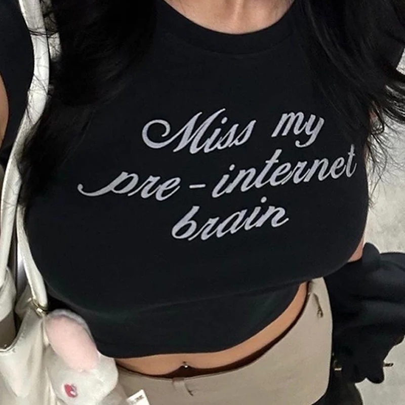 Women Sexy Harajuku Aesthetic Letter Print Graphics Baby Tee Goth Casual Short Sleeve T Shirt Punk Streetwear Slim Y2k Crop Tops