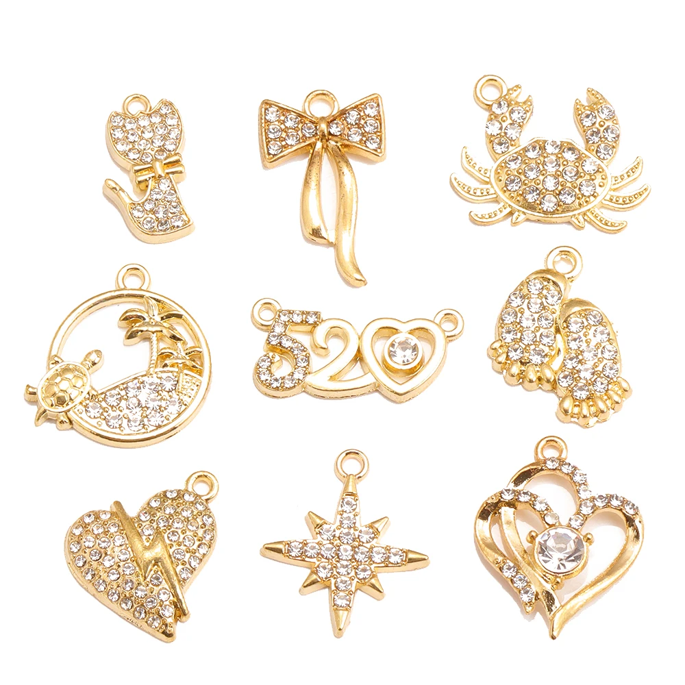 10 Stück luxuriöse Strass-Anhänger in Form von Herz, Schleife, Stern und Fußabdruck für Damenohrringe, Schlüsselanhänger, Rucksackanhänger, Schmuckherstellungszubehör.