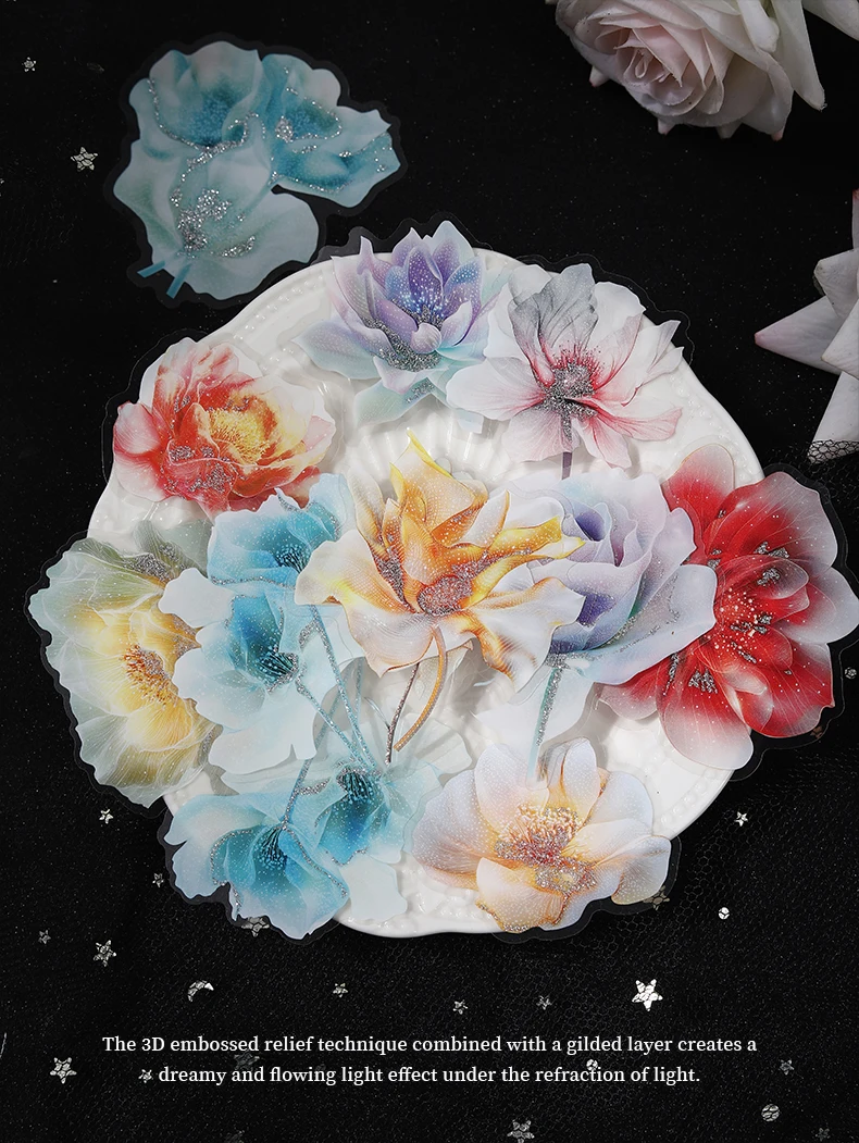 JIANQI 20 Stück 3D-Hot-Stamping-Blumen-Aufkleber-Set, dekoratives Scrapbooking-Tagebuch, Album, handgefertigtes Junk-Tagebuch-Zubehör – Detail 6