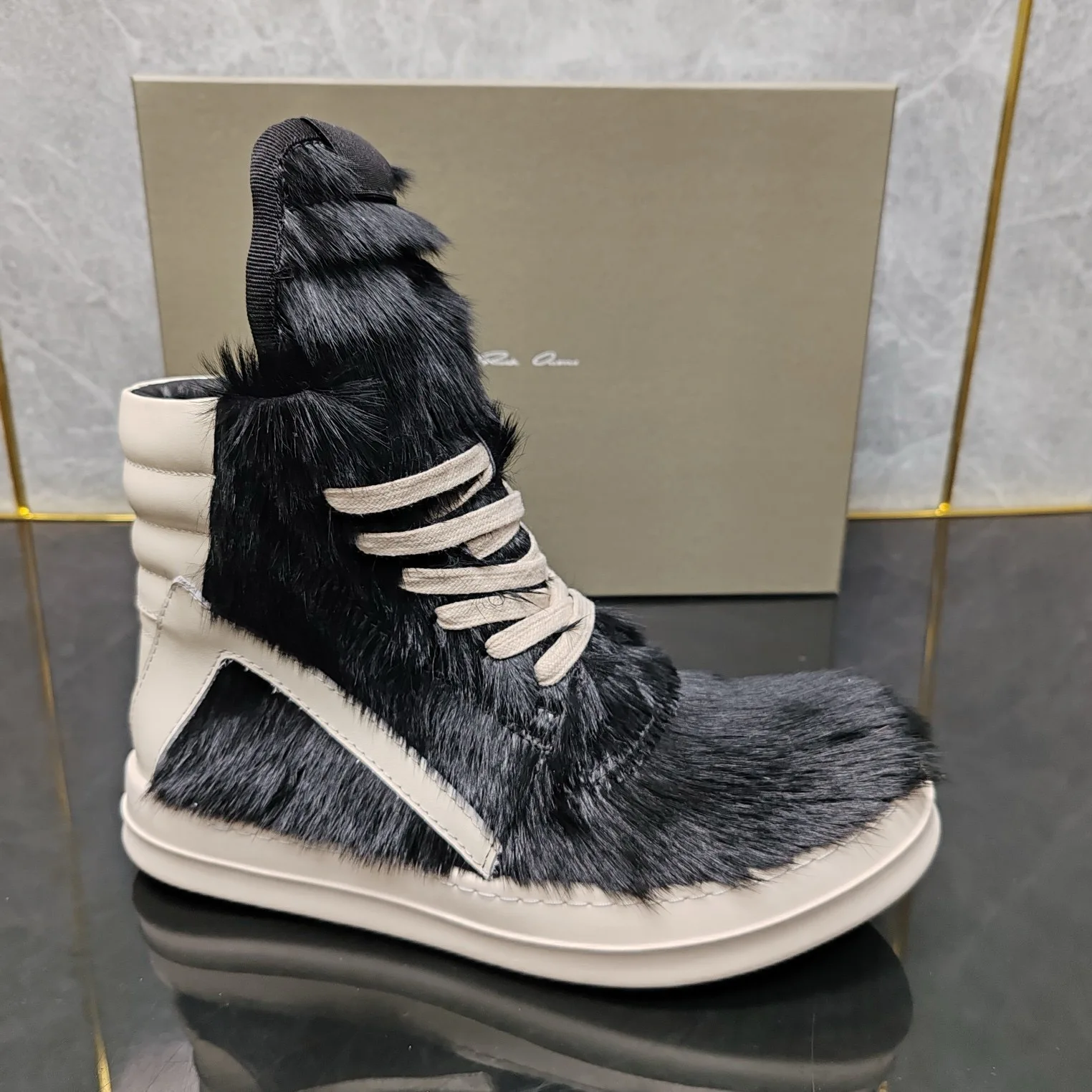 Ricks Pink Horse hair High Top Geobasket Owens Quality Men Shoe Zipper Women Sneaker Casual Owens Design boots & Shoes