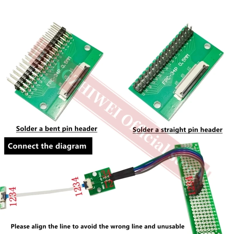 2PCS FFC/FPC adapter board 0.5MM-34P to 2.54MM welded 0.5MM-34P flip-top connector Welded straight and bent pin headers