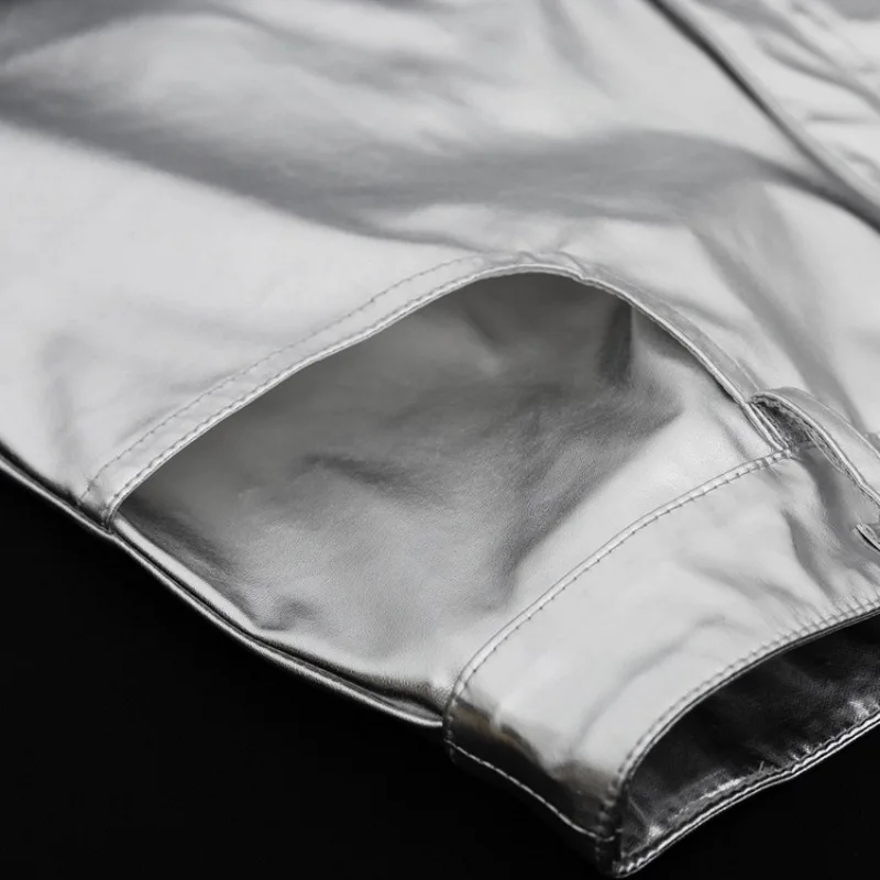 Pantalones de PU plateados para mujer, moda 2025, cintura alta, sueltos, pierna ancha, ropa de fiesta para chicas, ropa de calle, pantalones largos para mujer, otoño