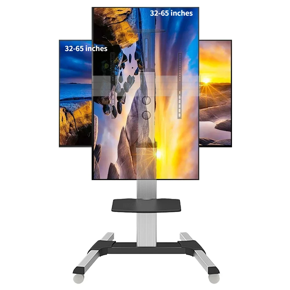 알루미늄 합금 LCD TV 전용 스튜디오 LCD TV 모바일 플로어 스탠드, 90 도 회전 대각선 행어, 32-65 인치