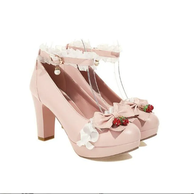 Autumn New Ladies Heels Platform Cute Bow Lace Princess Mary Jane Lolita Shoes Party Buckle Girls Sweet Strawberry Women Pumps