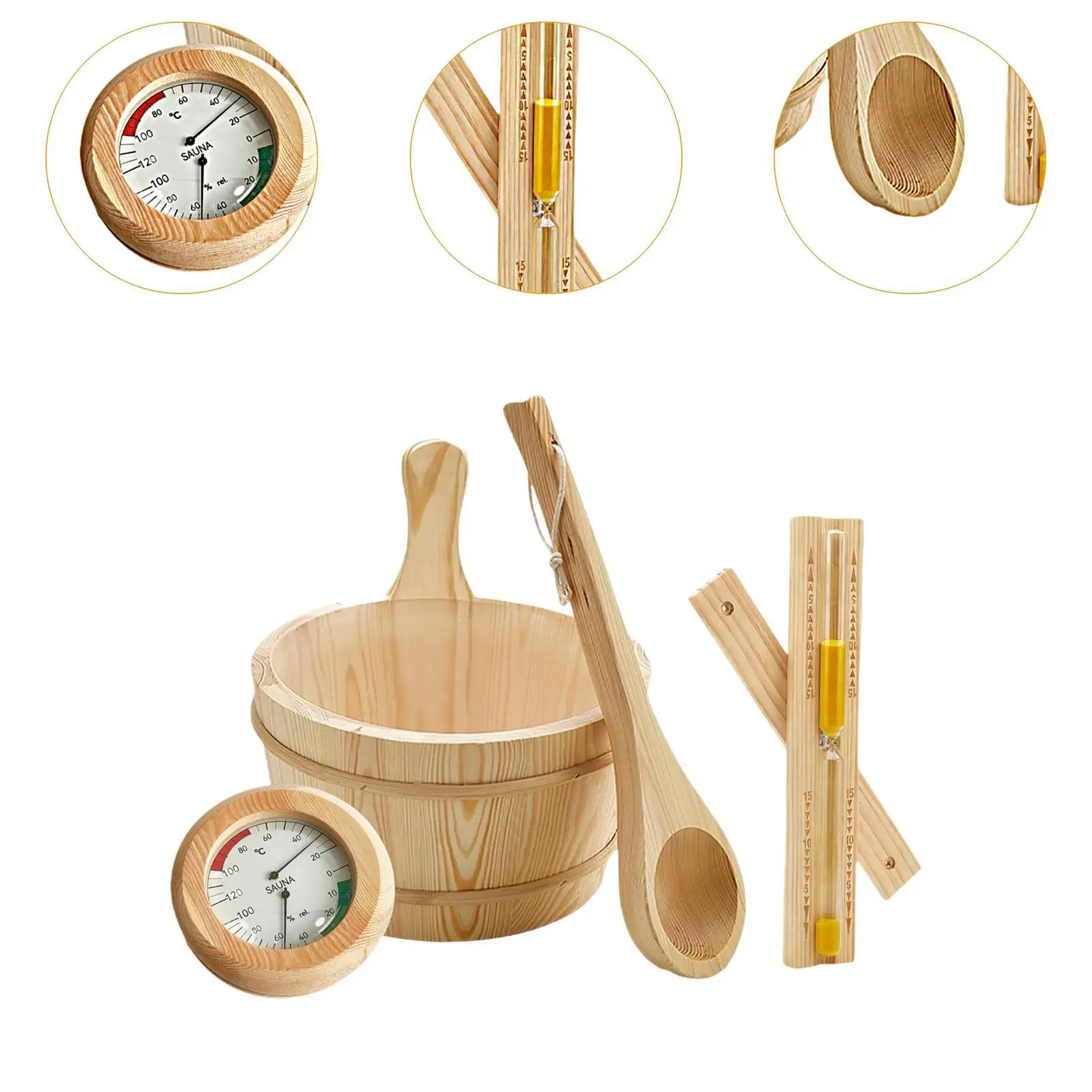 Sauna Equipment Kit 4L Wooden Bucket Premium Ladle Thermometer Sand Timer Set for Steam Room