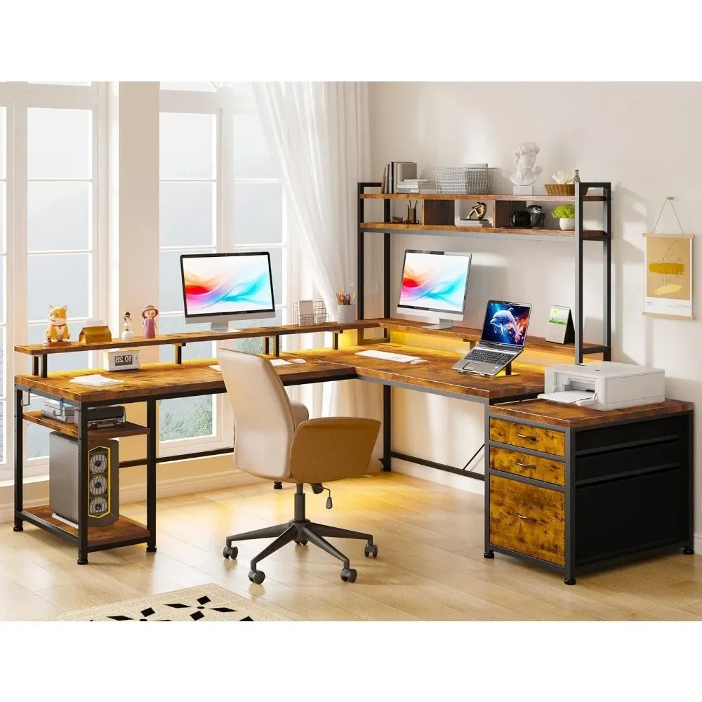 L Shaped Gaming Desk, Drawers & Storage Shelf Reversible Computer Desk with Monitor Stand & Power Outlets, LED Gaming Desk 6