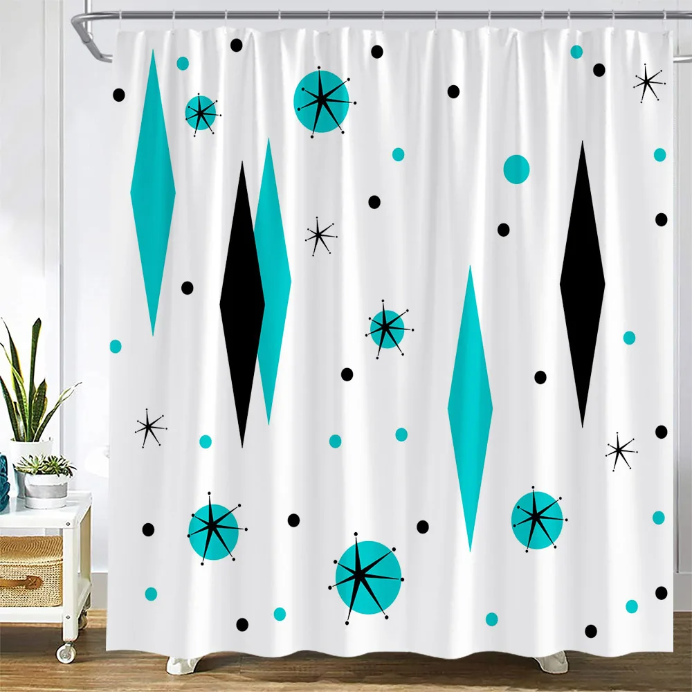 Cortinas de ducha Boho de mediados de siglo, juego de cortina de tela con ganchos para decoración del baño, diseño geométrico moderno negro Turquesa