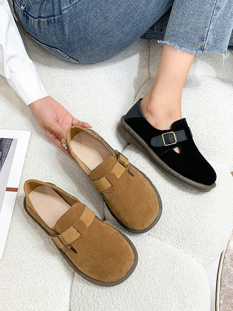 

Туфли женские с закрытым носком, мягкие лоферы с мехом, повседневная Осенняя обувь, без застежки, на платформе, ретро Мокасины, без застежки