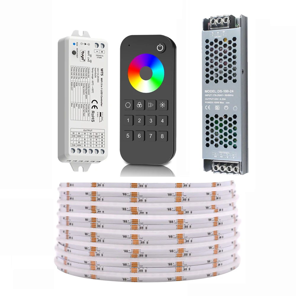 5M 10M COB RGB+CCT LED 스트립 세트 투야 와이파이 RF 리모컨 24V 디밍 가능 무점착 침실 조명 알렉사 구글 제어