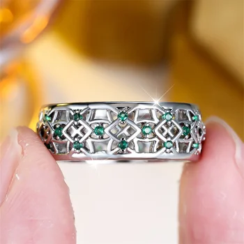 Green Crystal Hollow Zircon Stone Rings For Women Vintage Silver Color Engagement Ring Wedding Jewelry Bridal Versatile Gift