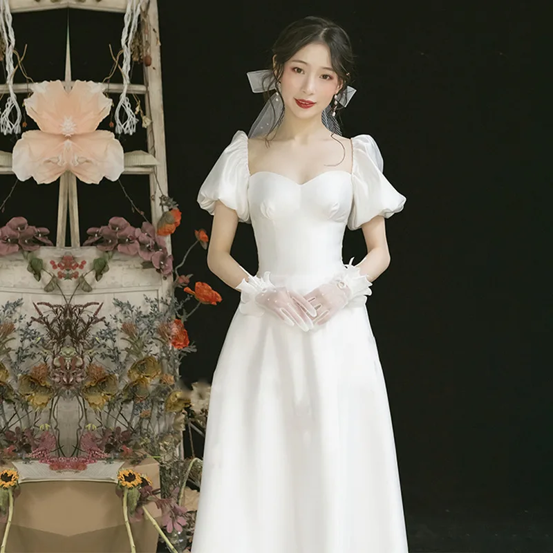 

Stain Light Wedding Dress 2023 New White Simple Thin Vintage Puff Sleeve Princess Dresses Light Luxury Ankle-Length Party Gowns