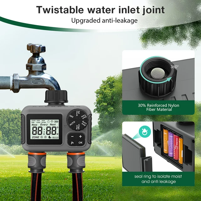 2-Outlet Mini Garden Water Timer Auto/Manual Intelligent Irrigation Watering System Sprinkler Timer Programmer LCD Display 4