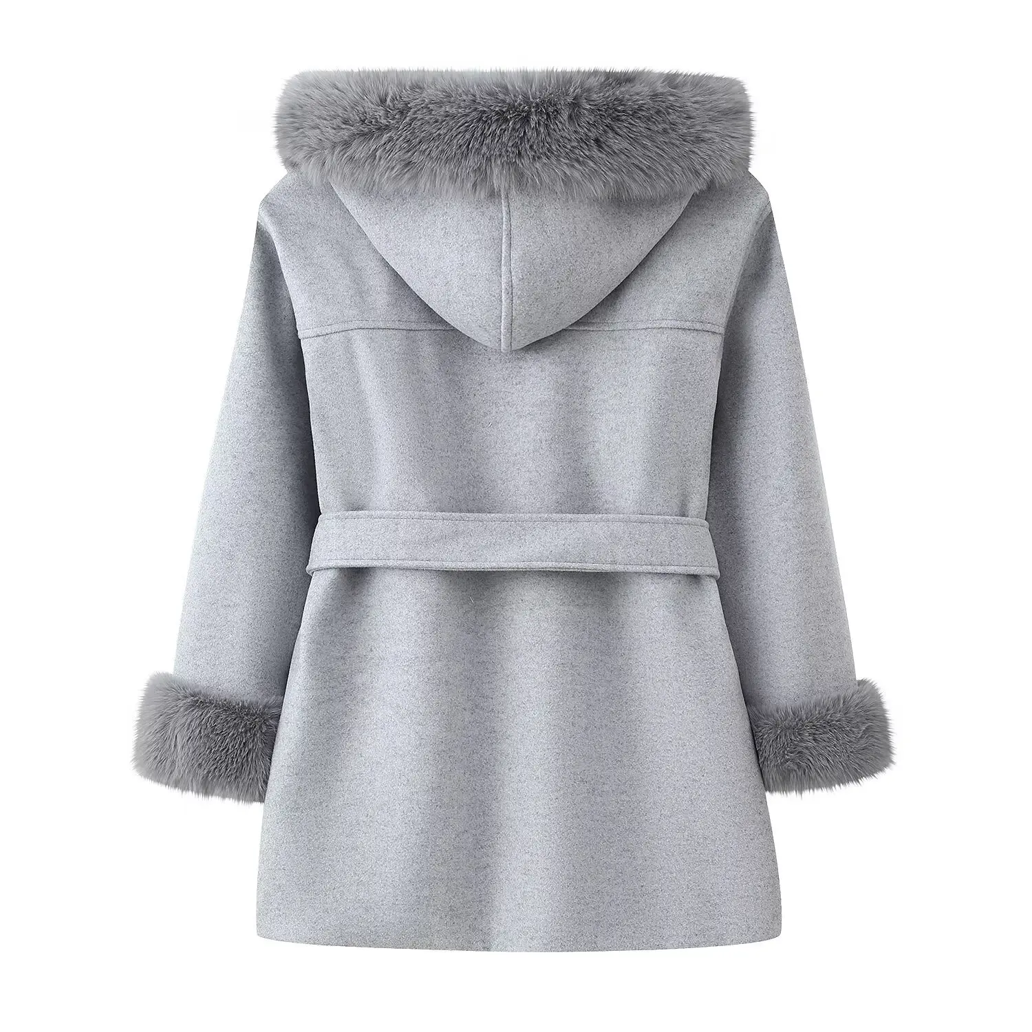 Women Hooded Fur Patchwork Lace-Up Woolen Coat Female Street Lapel Pockets Full Sleeve Overcoats Autumn Winter Lady Chic Outwear