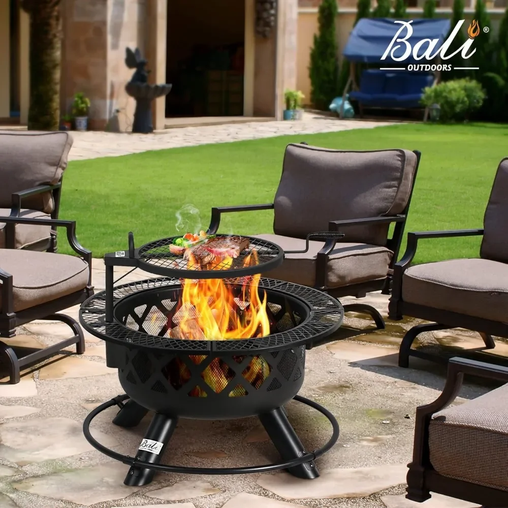 Wood Burning Fire Pit with Quick Removable Cooking Grill, Black, 32in 3
