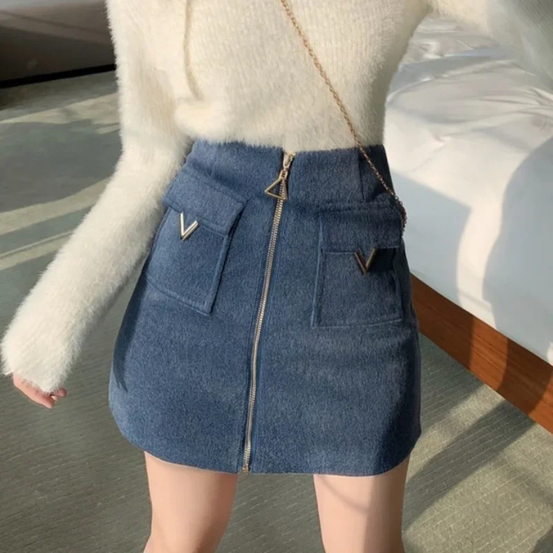 Women High Waist Tweed Front Zip Slim Skirt Women Fall Winter All-Match Sexy A Line Mini Skirt Female New Korean Bottom Skirt