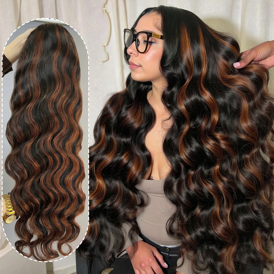Perruque Highlight en Cheveux Humains Ondulés, Perruques Lace Front 13×6, Perruque Lace Front Ombrée 13×4 Vietnamienne pour Femmes, Perruques Noires 1B/30 230%