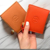 Ultra-light Golden Zipper H-letter Top-layer Leather Wallet Litchi Grain Pattern Urban Simple Style Daily Match Storage Function