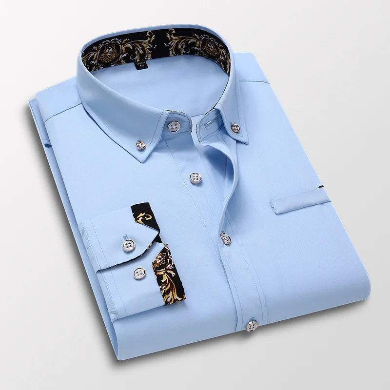 Male Black Business Slim Fit Shirts Fashion Shirts For Men Autumn Long Sleeve Print Patchwork White Formal Tops Clothing MY633