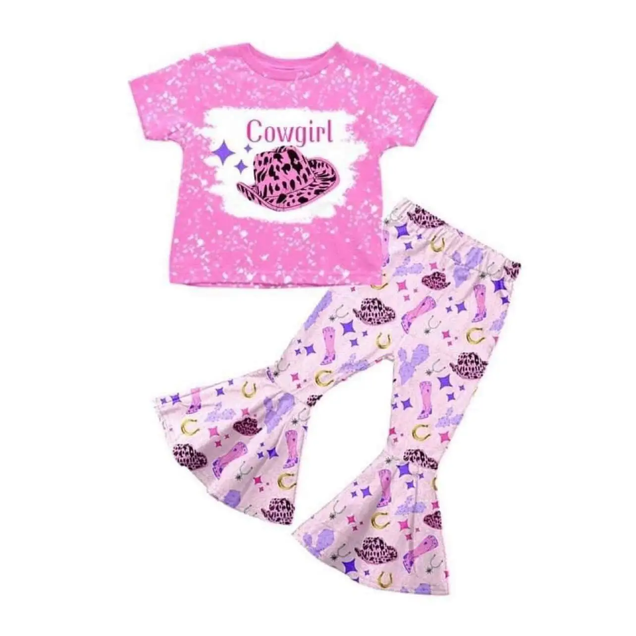 

Boutique Baby Girl Clothes Short Sleeve Bell Pants Set Cow Print Leopard Fashion Toddler Girls Clothes Wholesale