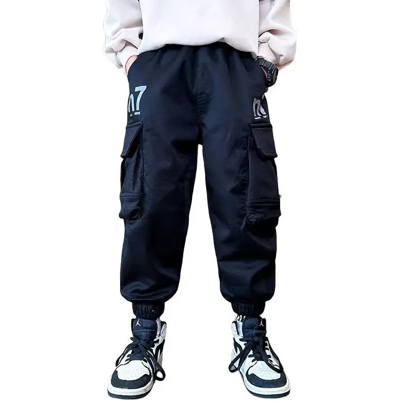 Boys Pocket Cargo Pants Winter Warm Fleece Longchildren's Warm Casual Trousers Christmas Gifts For Boys Loose-fitting Trousers
