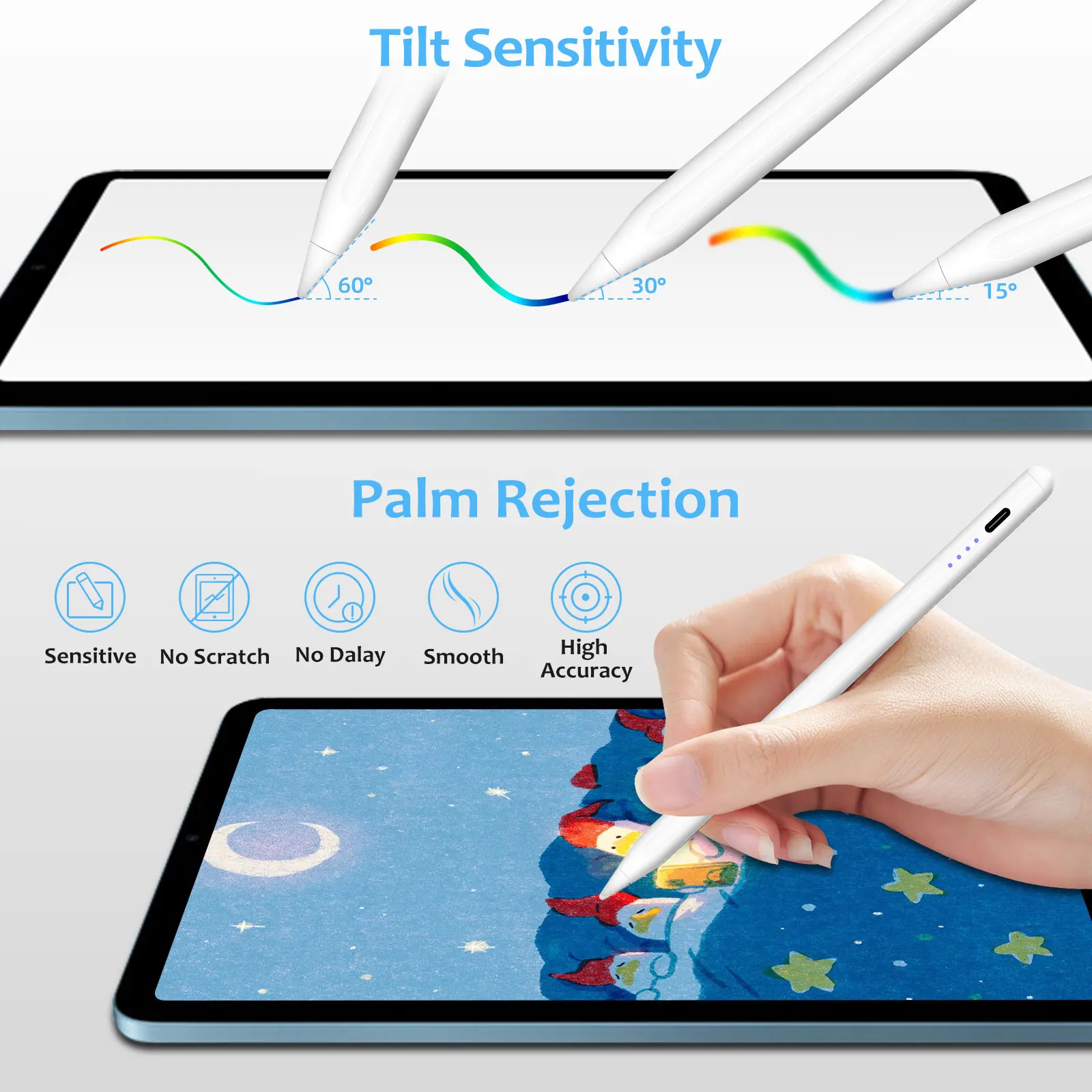 Stylus Pen iPad 6/7/8/9/10 Pro 11/12.9 Mini 5/6 Air3/4/5 With Palm Rejection Tilt Sensitivity For Apple Pencil 2 1