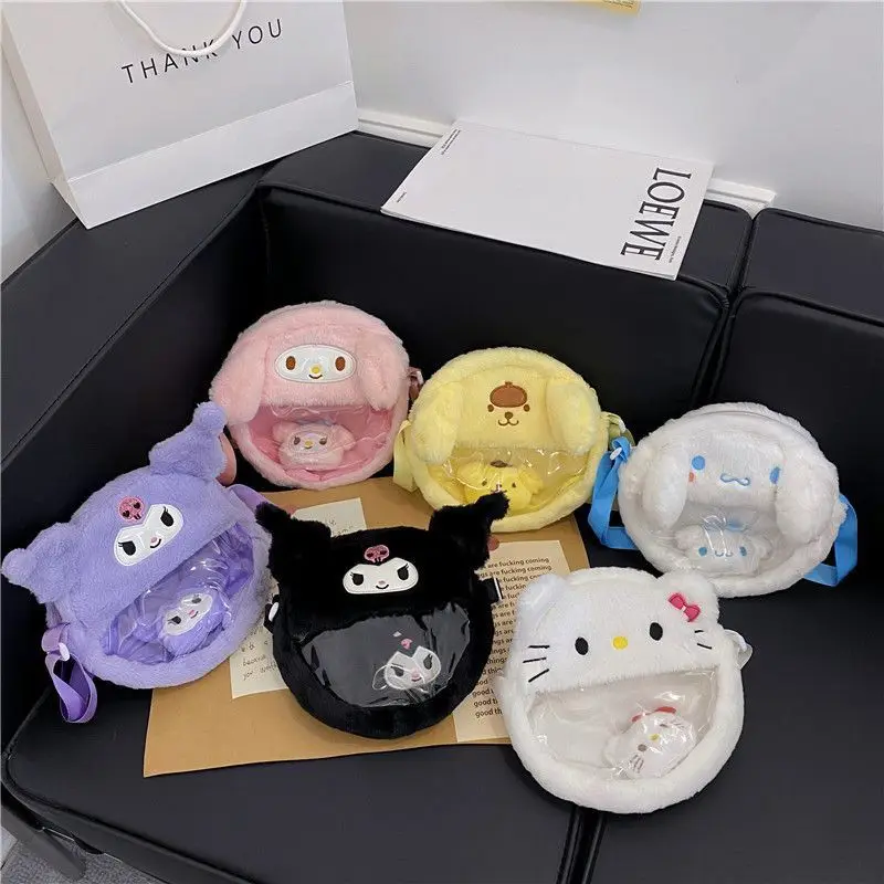 

New Sanrio Kawaii Cartoon Kuromi My Melody Hello Kitty Plush PVC Doll Round Bag Transparent Visible Shoulder Hand Crossbody Bag