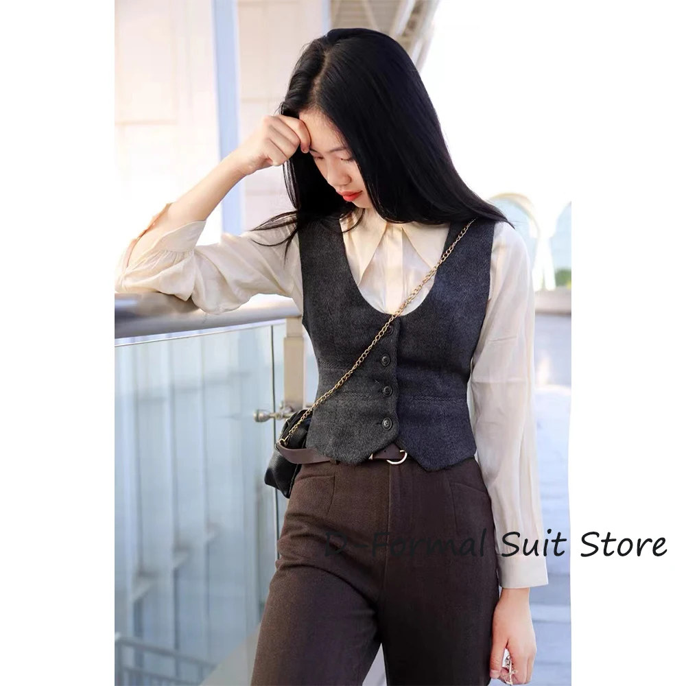 

Woman’s Vest Woolen Vintage Waistcoat U Neck Slim Fit Business Lady Vest Office Formal Work Wear куртки