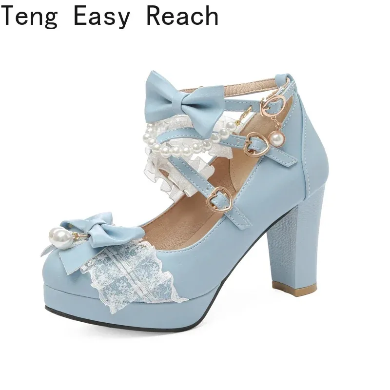 Women High Heels Cross Strap Mary Jane Pumps Party Wedding Cosplay Strawberry Bow Princess 2025 Lolita Shoes