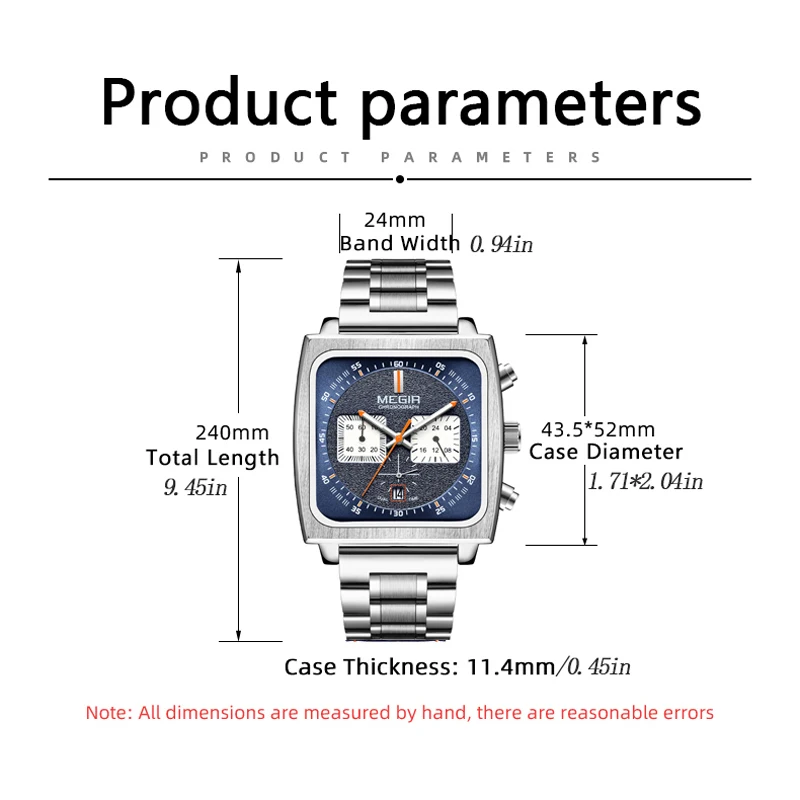 MEGIR New Fashion Square Quartz Mens Watches Top Brand Luxury Stainless Steel Waterproof Chronograph Watch Men Relogio Masculino