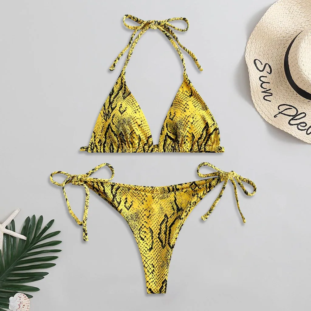 Women Snake Skin Printed Swimsuit Bandage Backless High Cut V Neck Two Pieces  Bikini Mini Thong Bathing Swimwear Beachwear