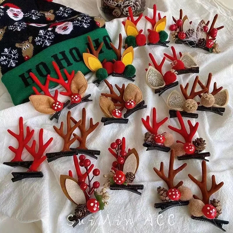 1 Pair Kawaii Christmas Elk Ear Hair Clip Women Girl Santa Snowman Hairpin Xmas Party Barrettes for Kids Cosplay Headwear
