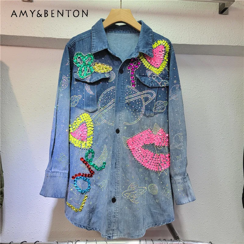 

European Station Spring New Hot Rhinestone Embroidery Beads Sequined Heart Letter Gradient Long Sleeve Denim Shirt Women Fashion